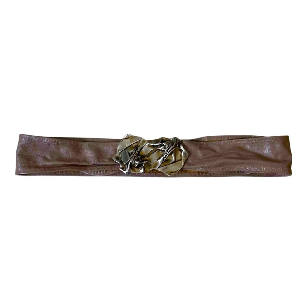 Vintage Leather Belt Metal Brutalist Buckle Tan Taupe One Size